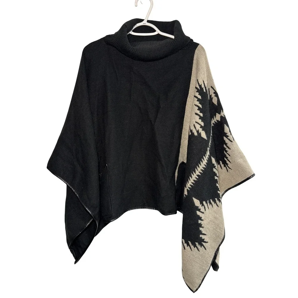 Mark Women Black Tan Southwestern Tribal Cowl Neck‎ Poncho Cape Wrap Size M/L